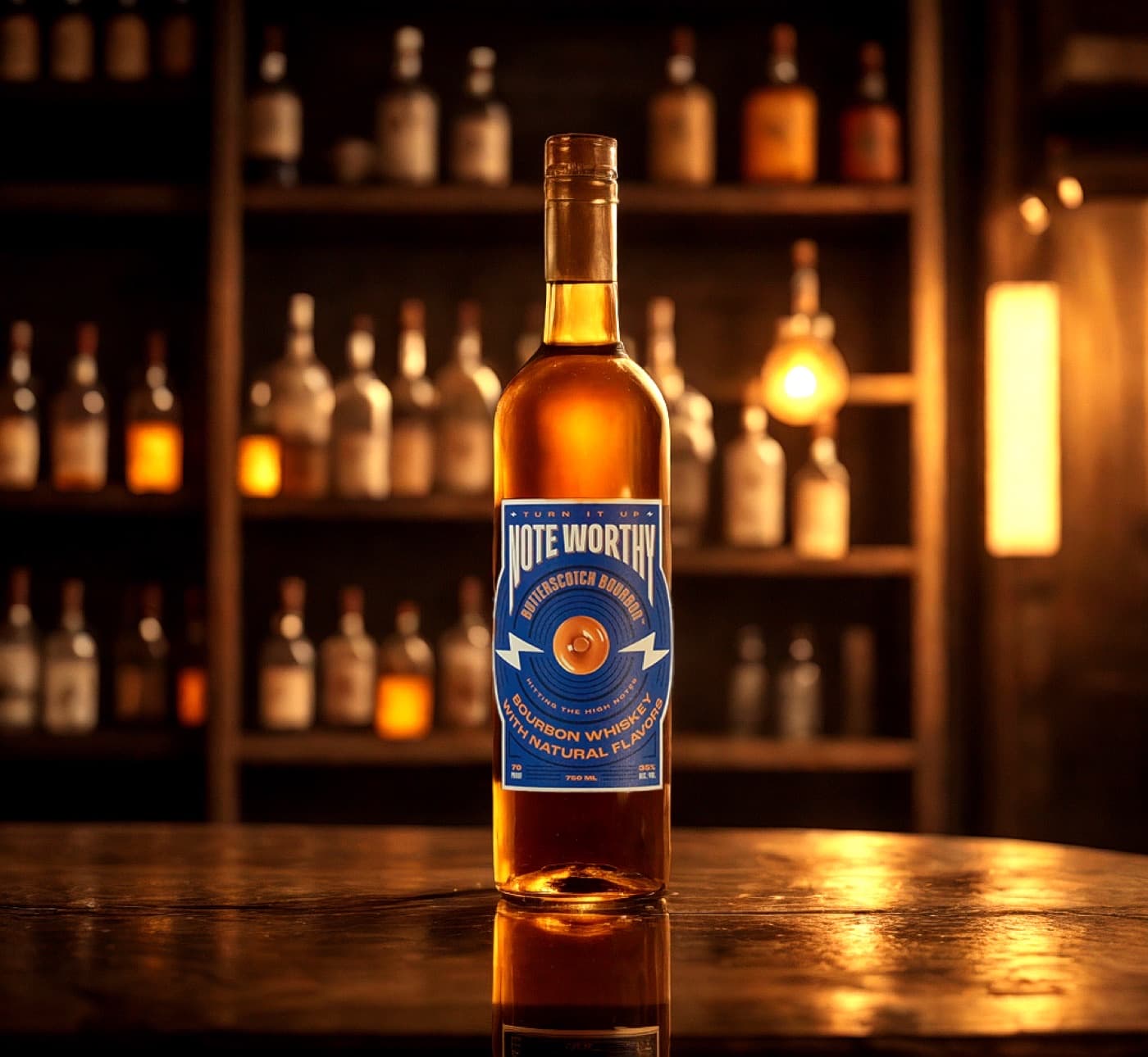 Bourbon product creative with a bottle on a warmly lit bar